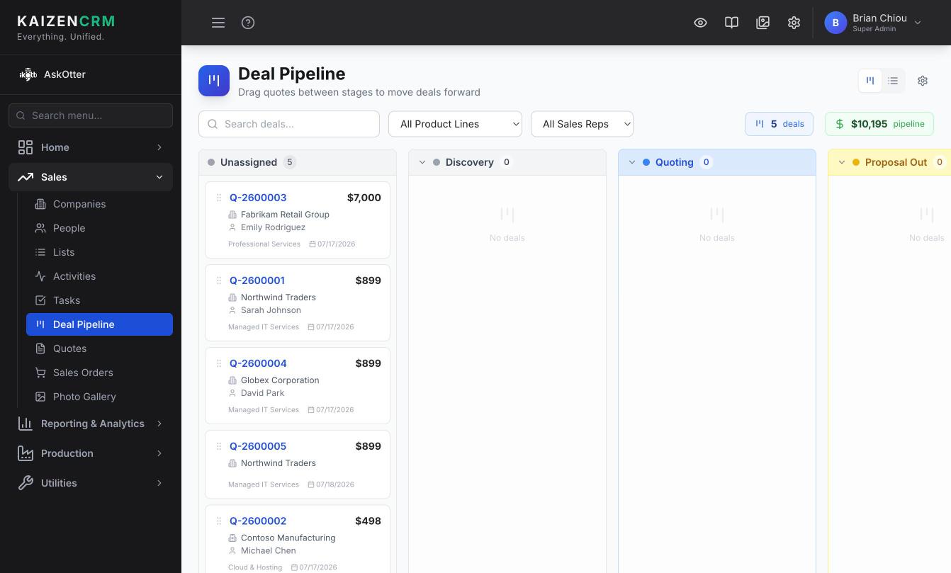 Watch every quote move from first call to booked. — Kaizen CRM in motion