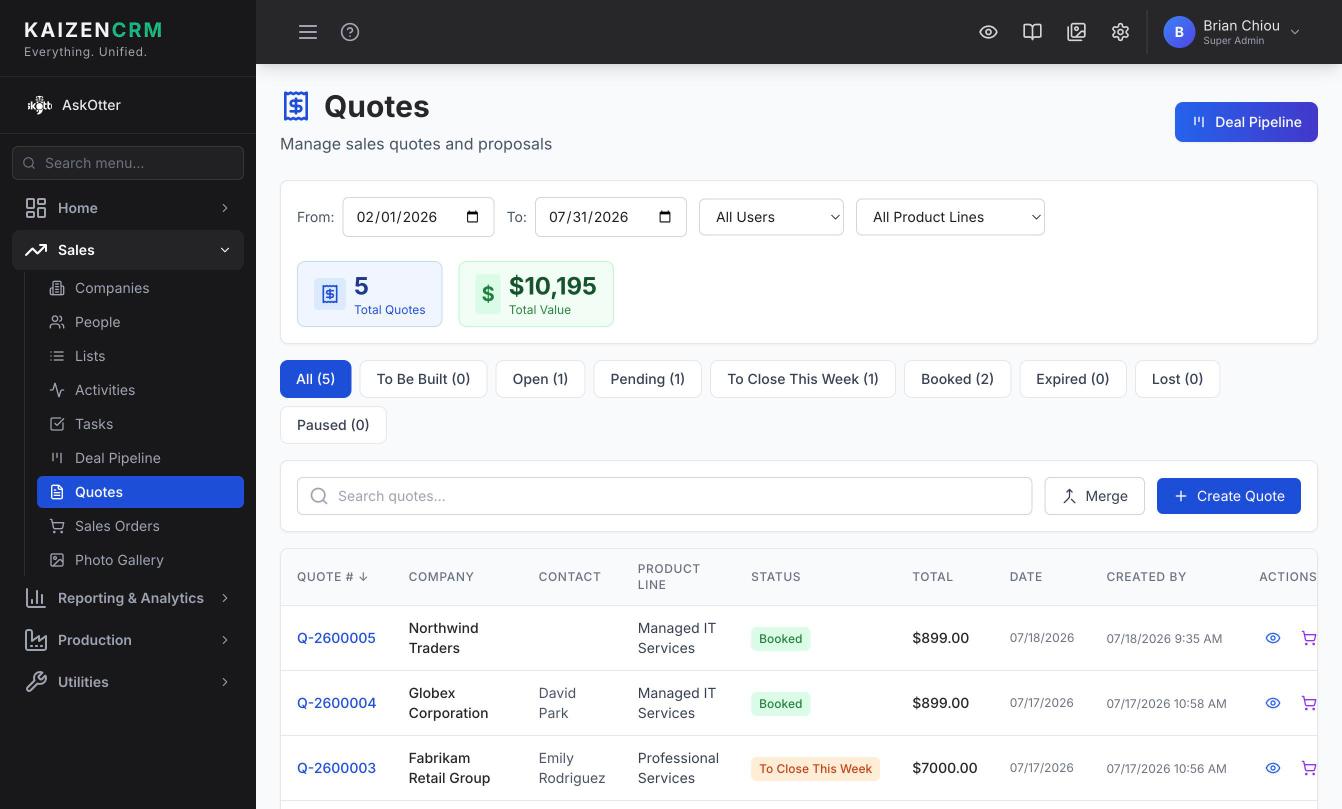 From driveway estimate to paid invoice, in one flow. — Kaizen CRM