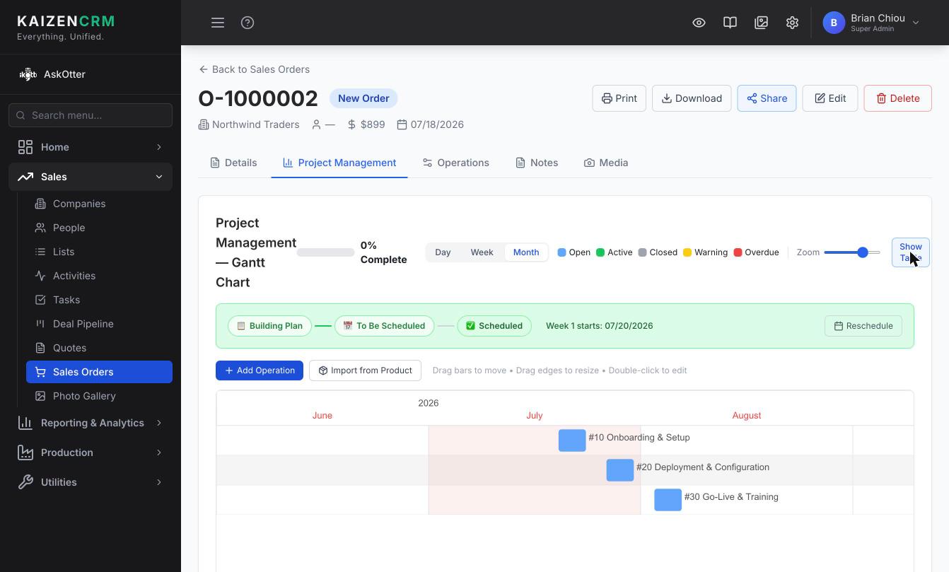 When the job is won, the schedule builds itself. — Kaizen CRM in motion